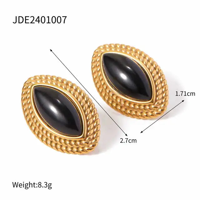 French Vintage Luxury 18k Gold Stainless Steel Agate Black Agate Horse Eye Earrings