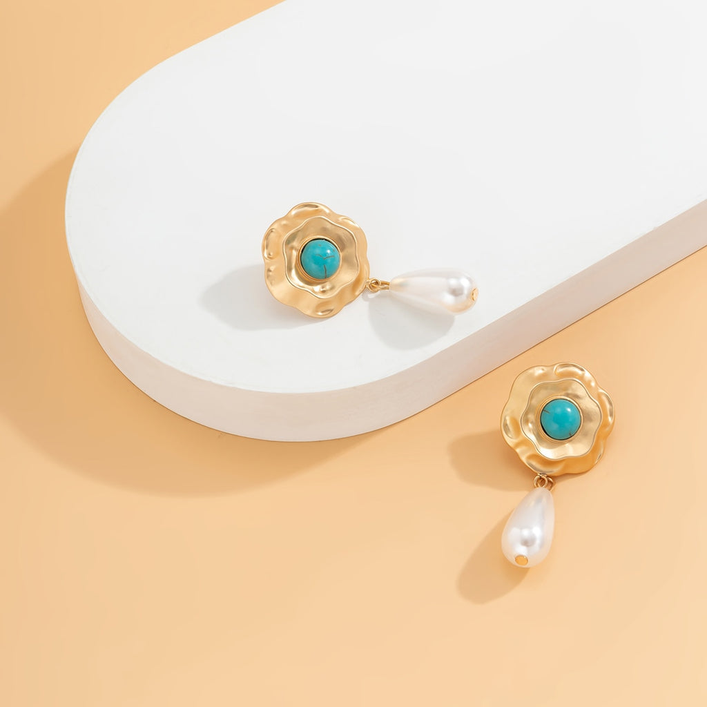 Retro Niche Inlaid Colored Diamond Flower Earrings Female Temperament Indifferent Style Pearl Turquoise Earrings