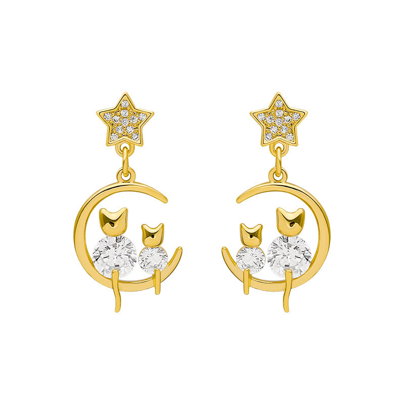 925 Silver Needle Korean Personalized Zircon Cat Earrings Mesh Red Korean Edition Diamond Star Moon Earrings Elegant Versatile Women