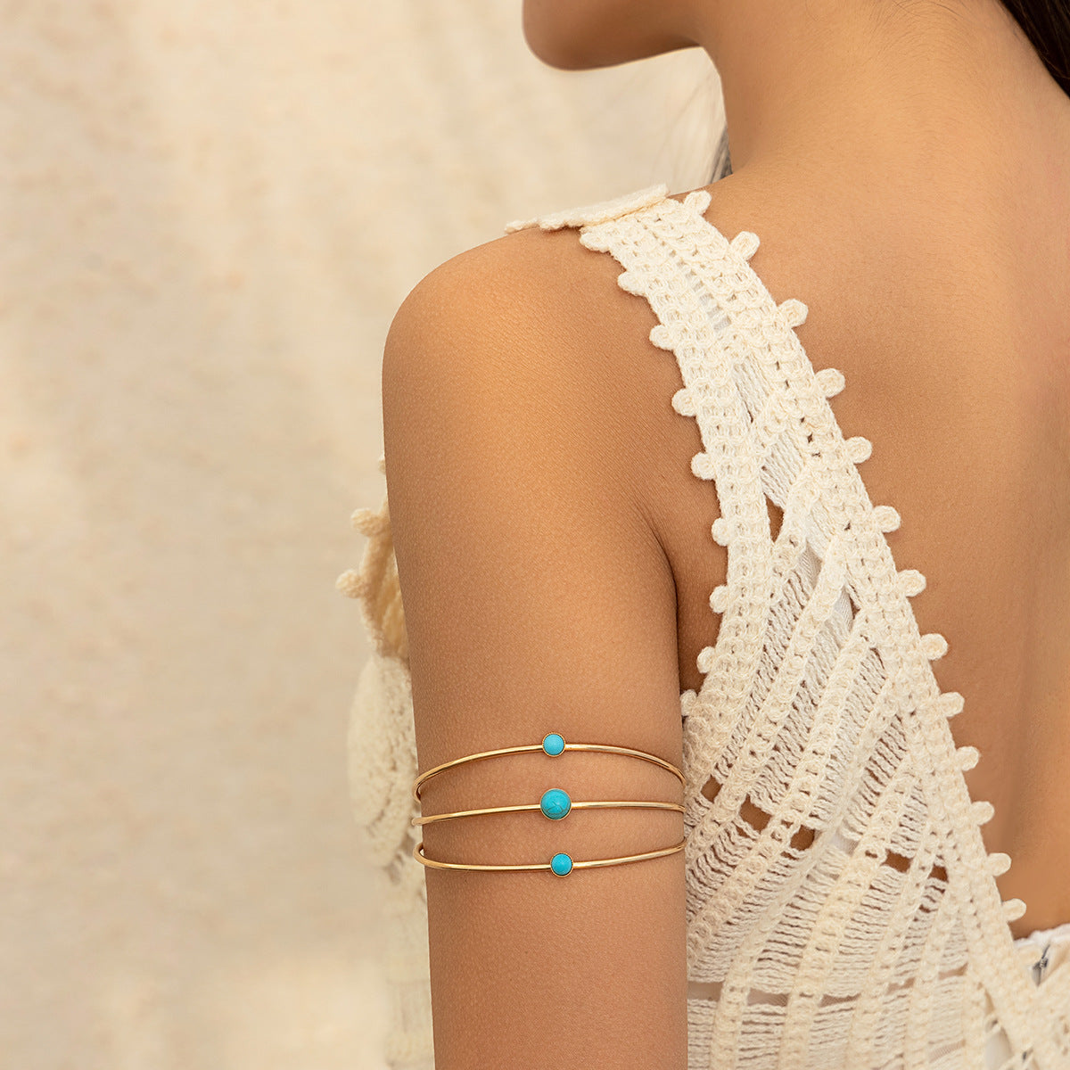 Multi layer hollow micro inlaid imitation pearl turquoise opening arm chain ethnic style handmade jewelry