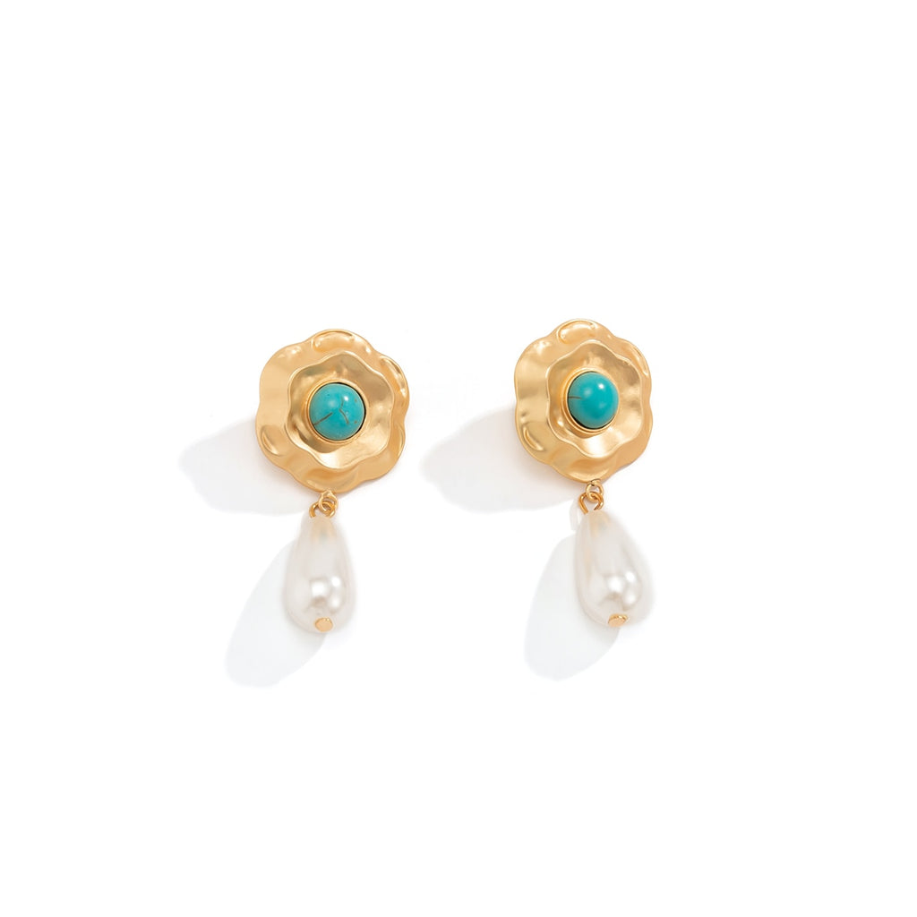 Retro Niche Inlaid Colored Diamond Flower Earrings Female Temperament Indifferent Style Pearl Turquoise Earrings