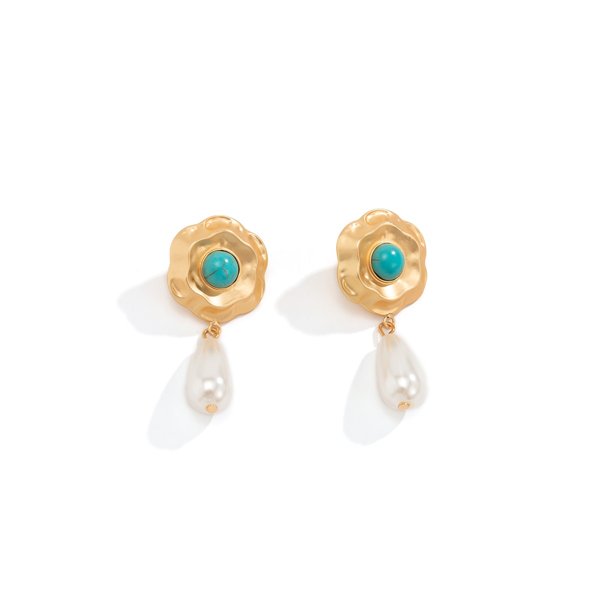 Retro Niche Inlaid Colored Diamond Flower Earrings Female Temperament Indifferent Style Pearl Turquoise Earrings