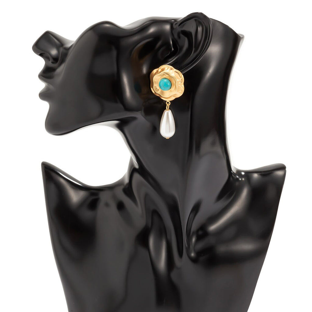 Retro Niche Inlaid Colored Diamond Flower Earrings Female Temperament Indifferent Style Pearl Turquoise Earrings