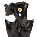 Retro Niche Inlaid Colored Diamond Flower Earrings Female Temperament Indifferent Style Pearl Turquoise Earrings