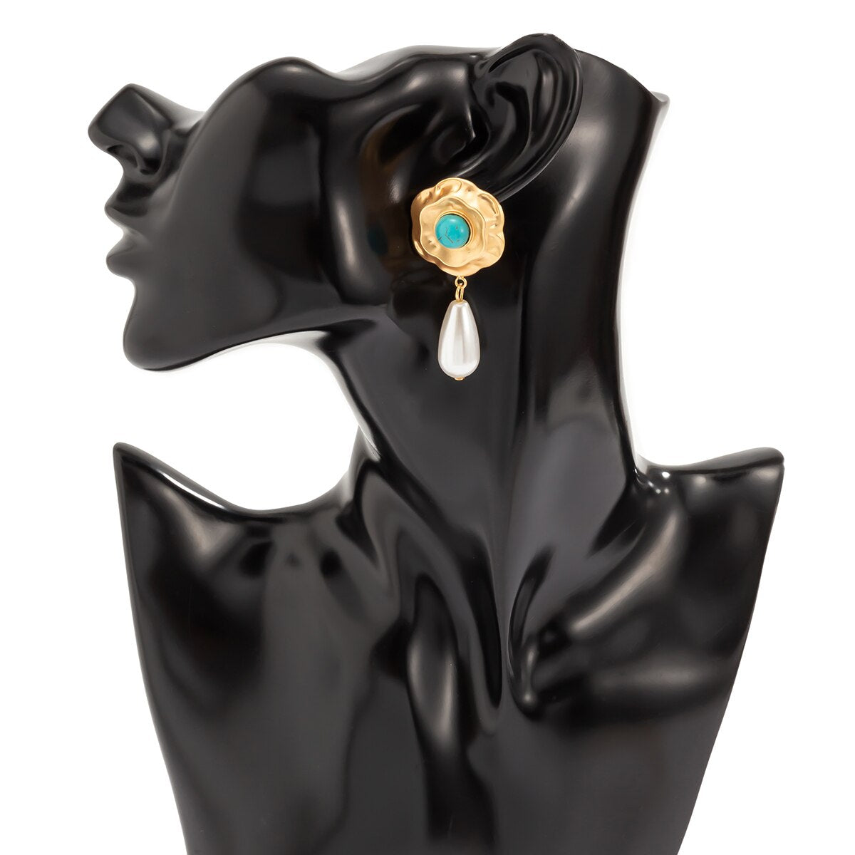 Retro Niche Inlaid Colored Diamond Flower Earrings Female Temperament Indifferent Style Pearl Turquoise Earrings