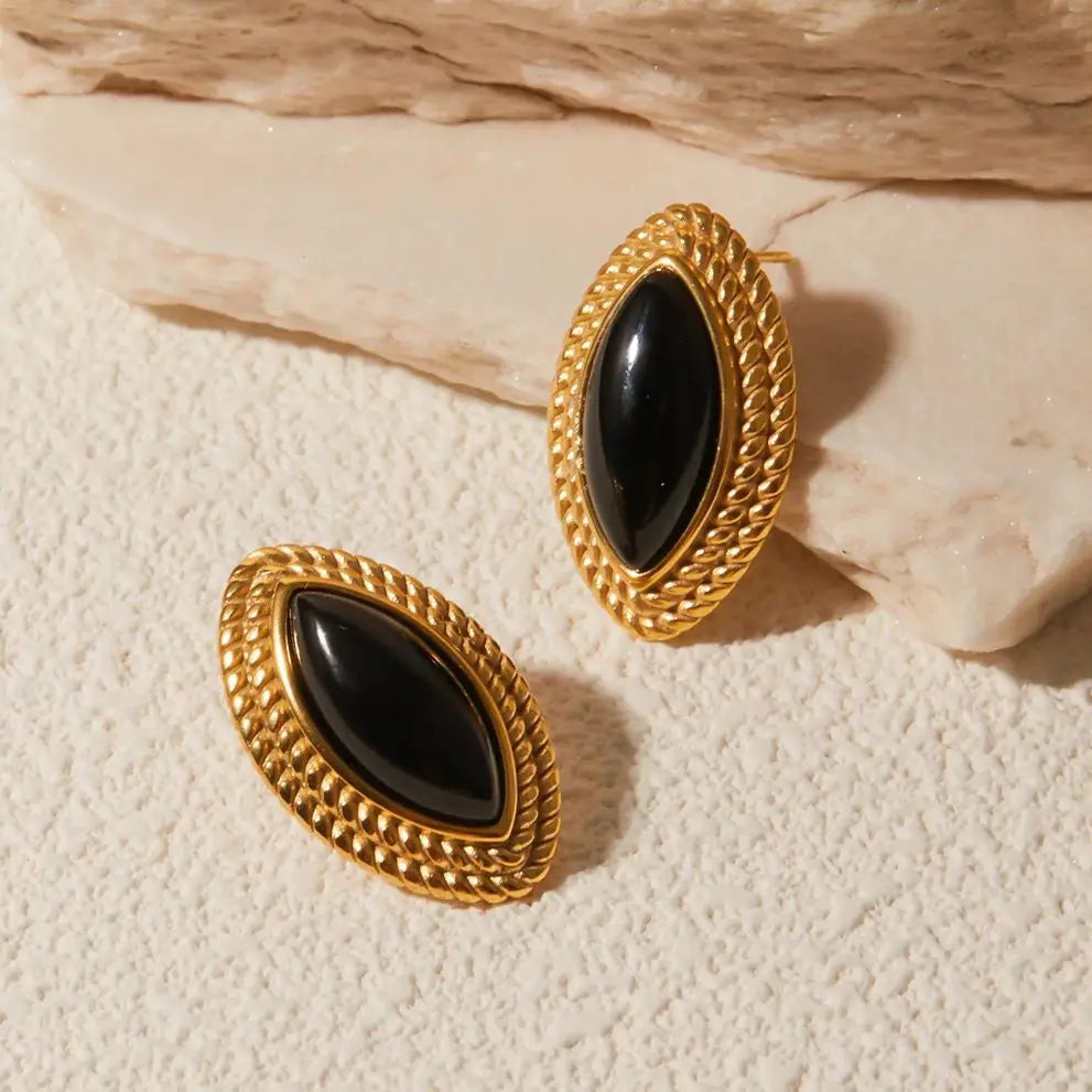 French Vintage Luxury 18k Gold Stainless Steel Agate Black Agate Horse Eye Earrings