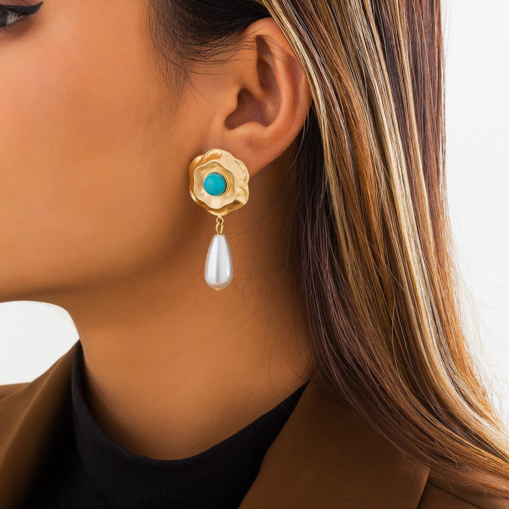 Retro Niche Inlaid Colored Diamond Flower Earrings Female Temperament Indifferent Style Pearl Turquoise Earrings
